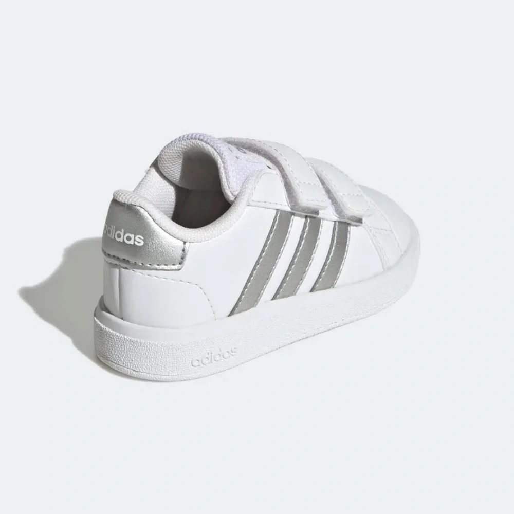 Size 9 Toddler Adidas Kids White Sneakers with Silver Stripes - Picture 2 of 2